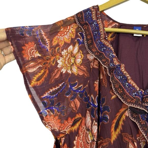 Old Navy Short Sleeve Floral Tiered Midi Dress 3X Red Blue Empire Waist Chiffon - Picture 7 of 11